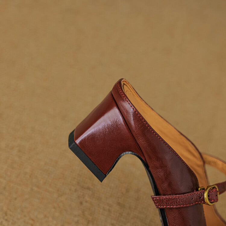 Strap leather mule, angled sculpted-heel view