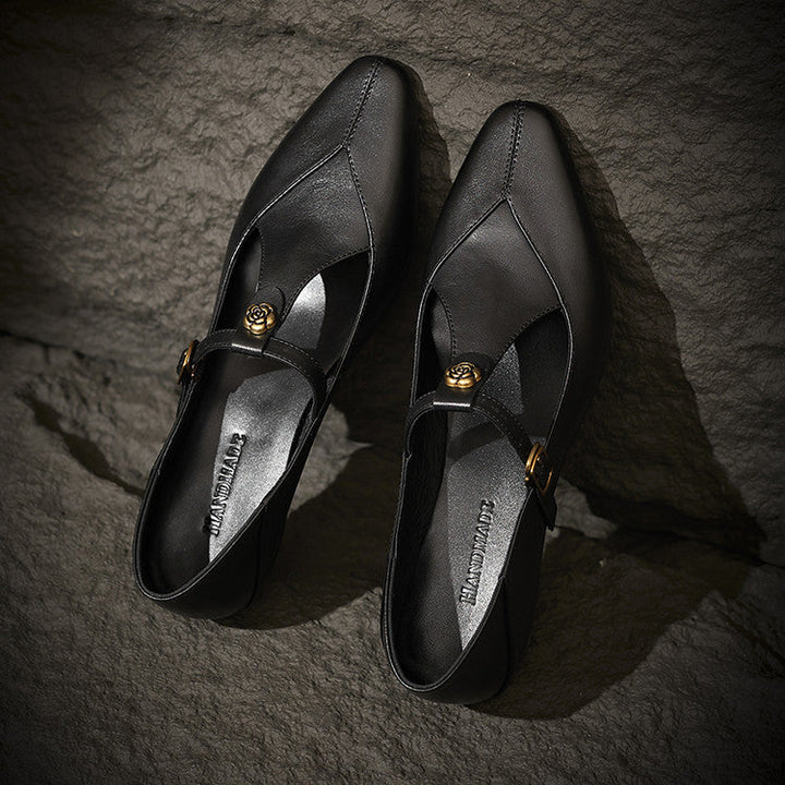 Corinne | T-Strap Leather Block Pumps