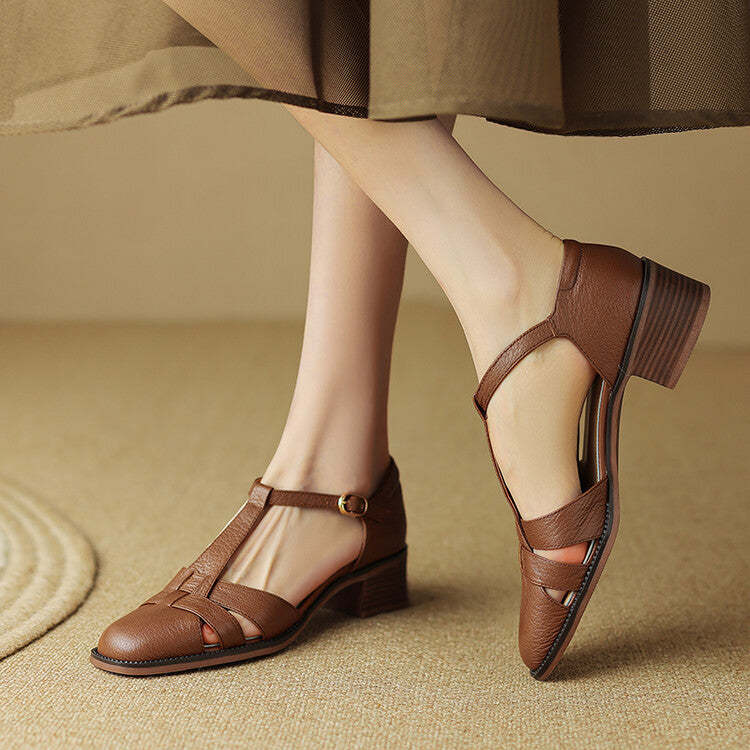 Chestnut Brown leather T-bar heel with woven cutwork, three-quarter view