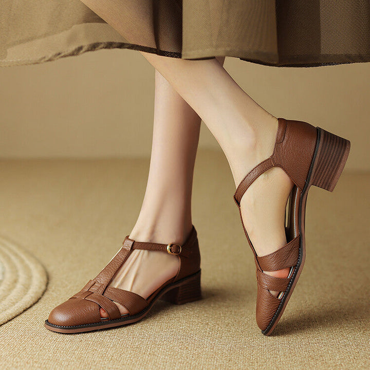 Chestnut Brown leather T-bar heel with woven cutwork, three-quarter view