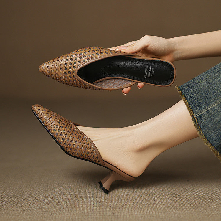 Priscilla woven leather heeled mule, three-quarter view