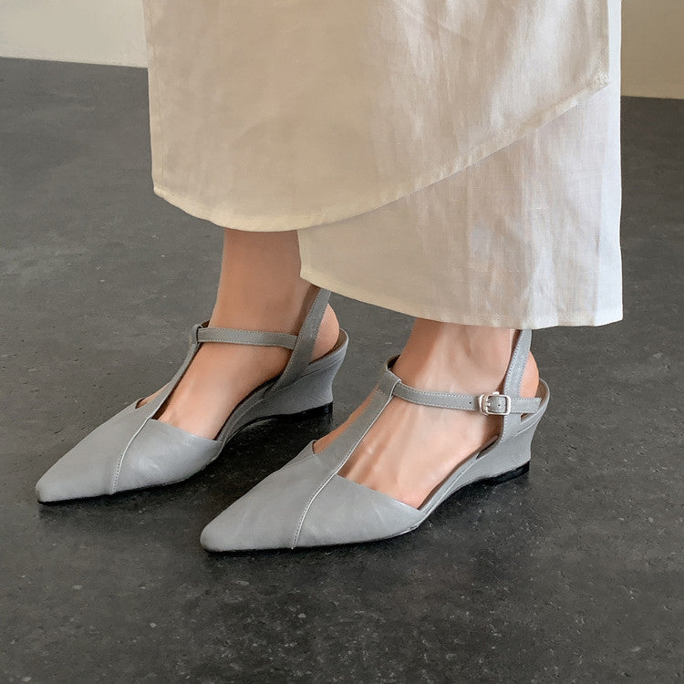 Mist Blue lambskin T-bar wedge heel with pointed toe, three-quarter view