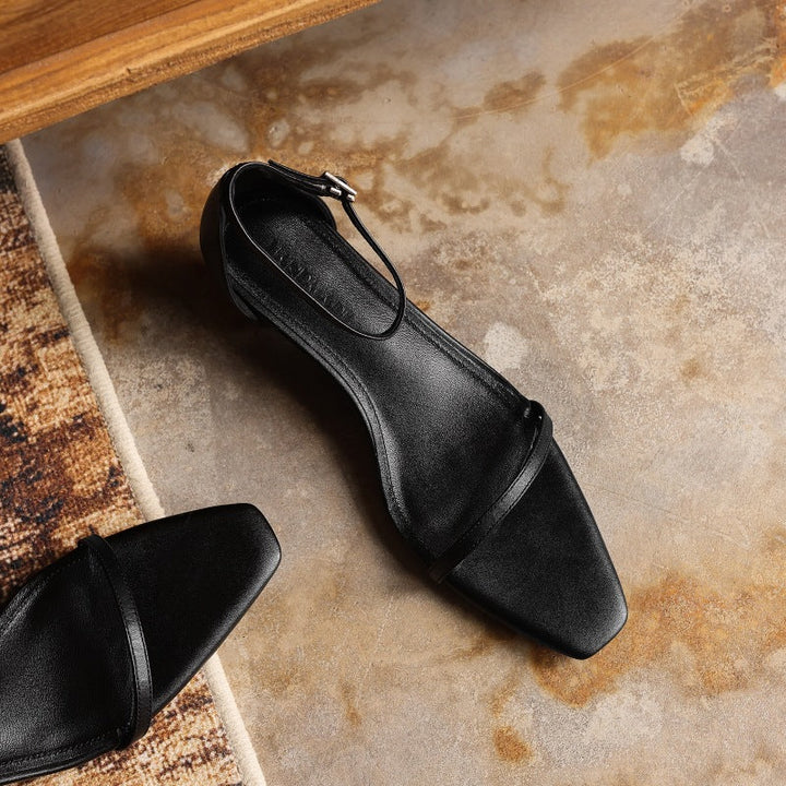 Loraine | Square-Toe Leather Ankle-Strap Sandal Heels