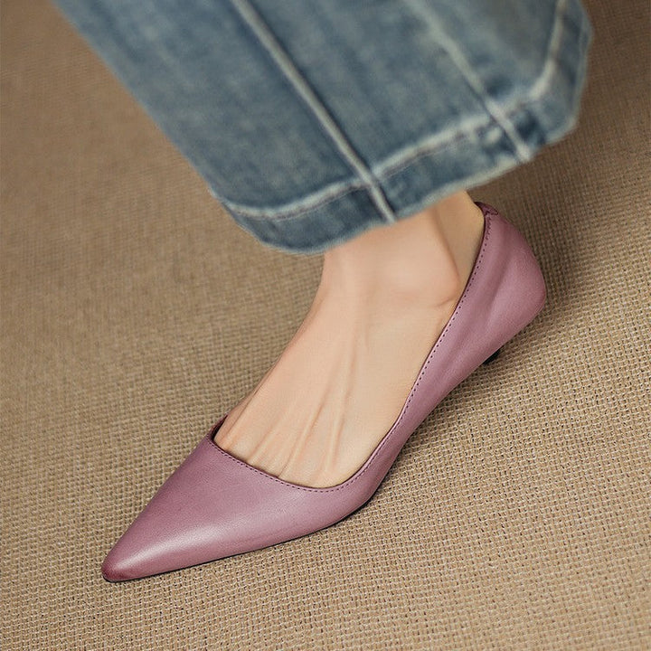 Leather kitten heel pump, back view showing the 1.5-inch heel