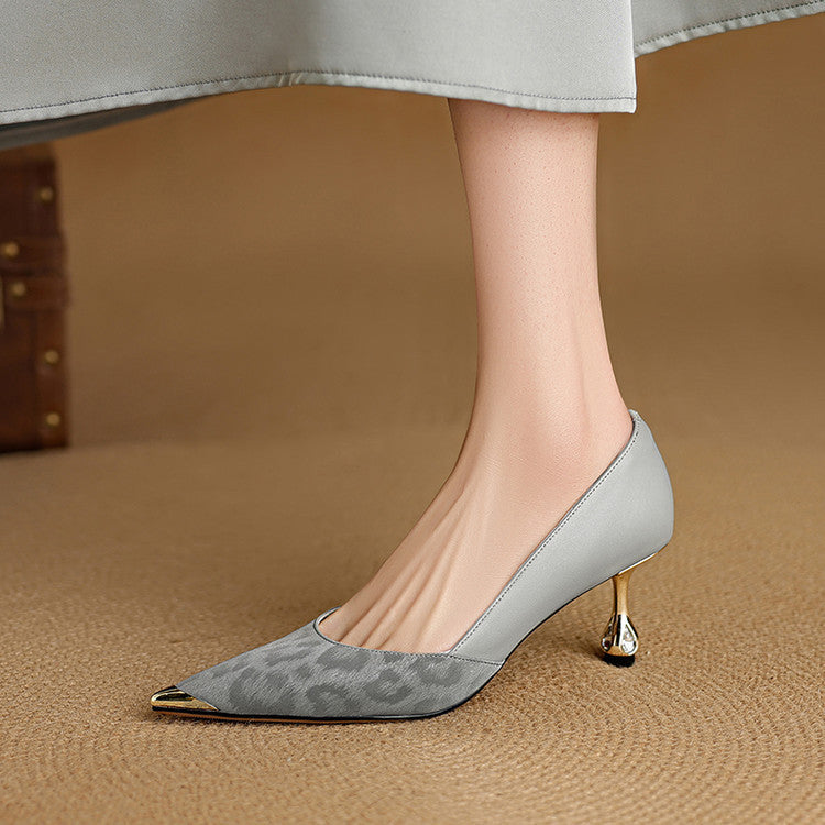 Ash Gray leather pump with leopard suede toe and metallic heel, three-quarter view