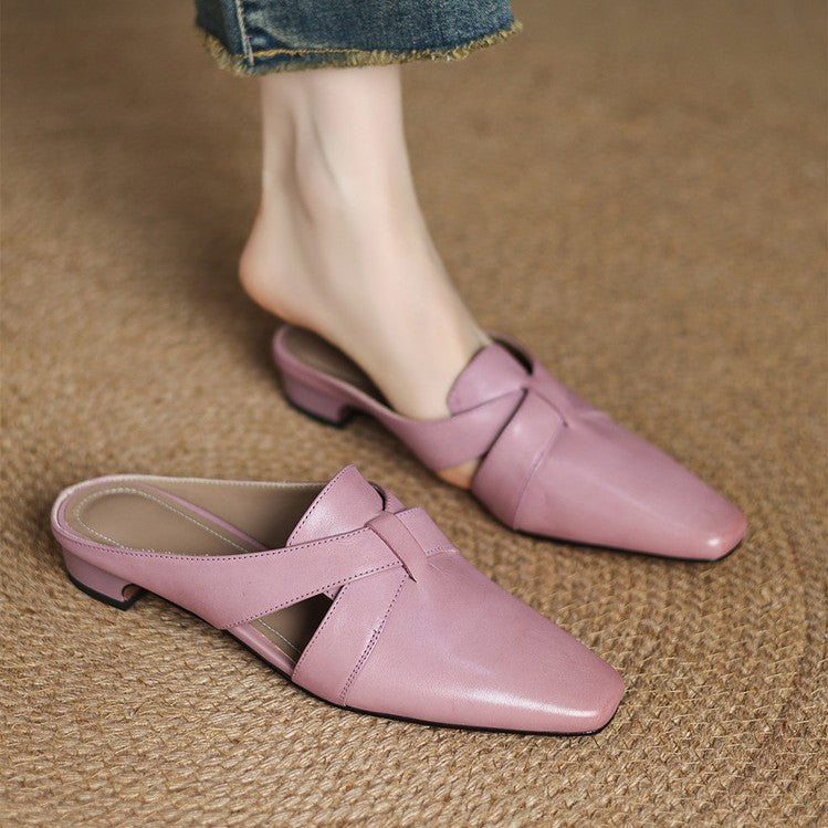 Blush Mauve leather heeled mule with cross-strap, three-quarter view