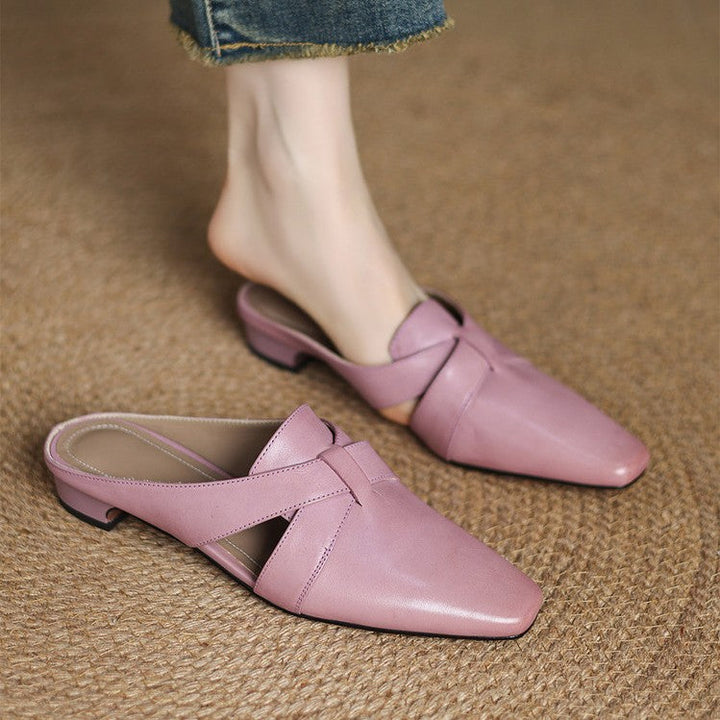 Blush Mauve leather heeled mule with cross-strap, three-quarter view