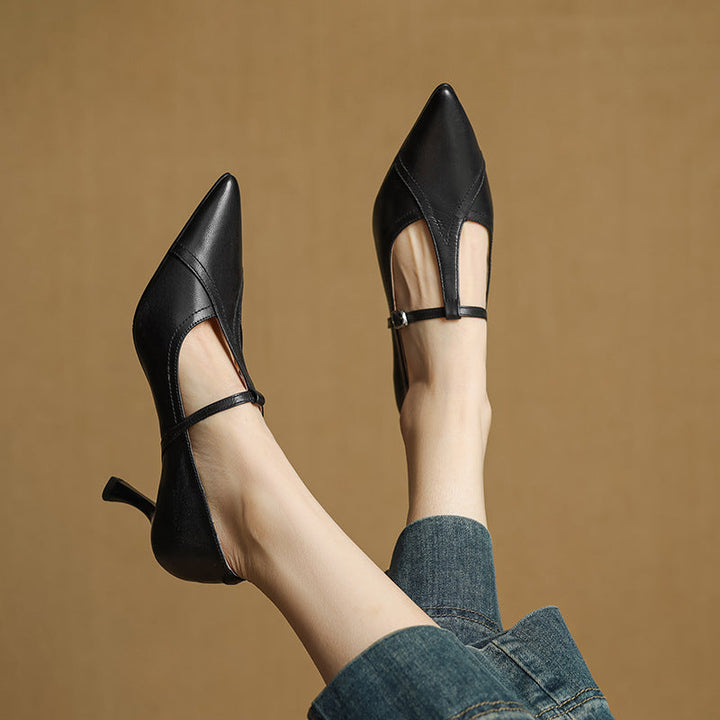 Evelyn pointed leather T-strap pumps, both colors side by side