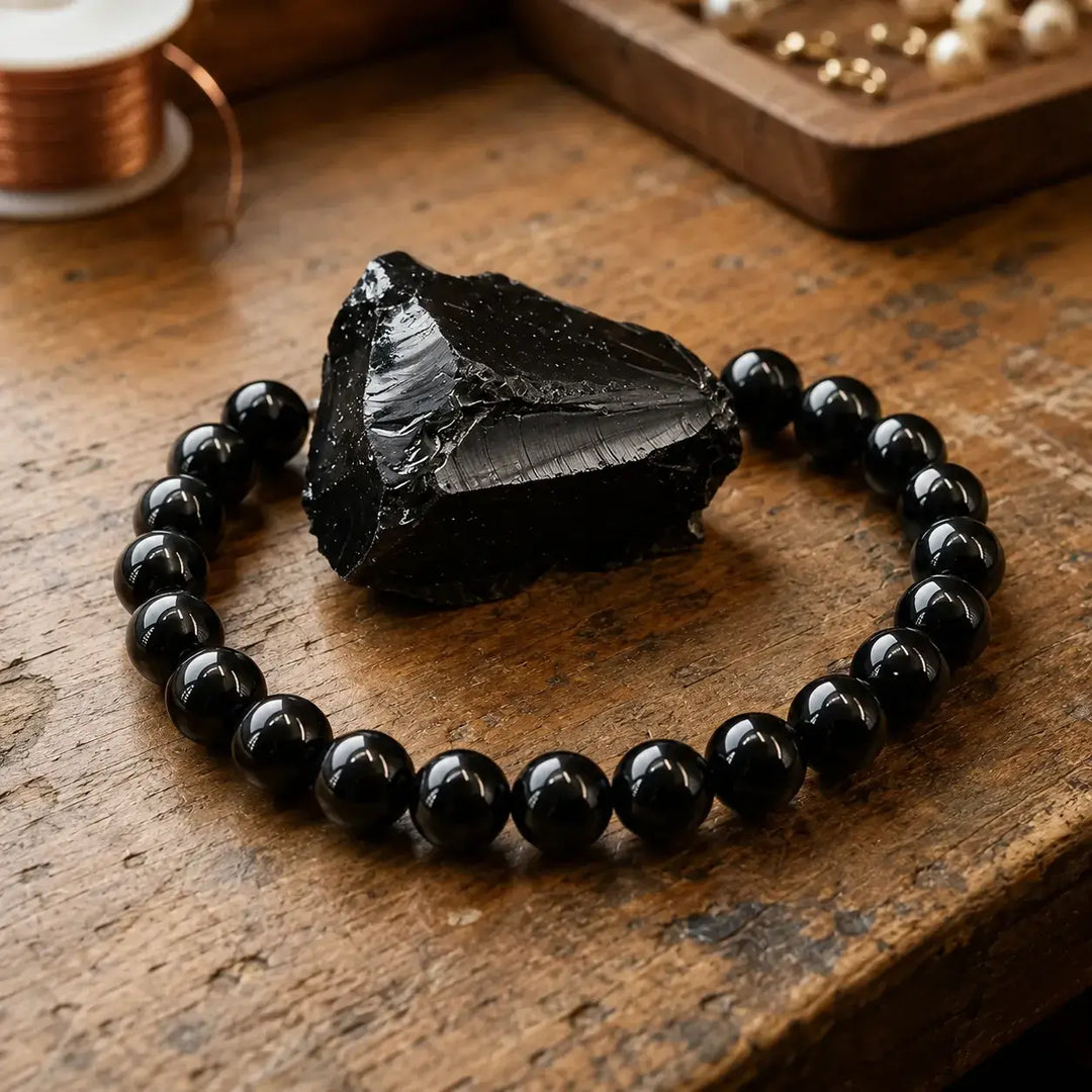 Close-up of natural black onyx gemstone healing beads