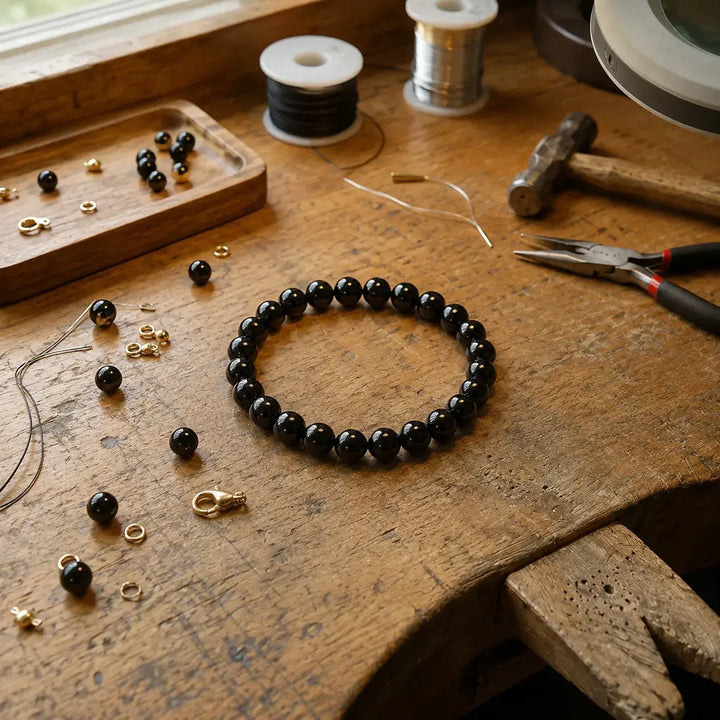 Black onyx bracelet on wrist for grounding and protection