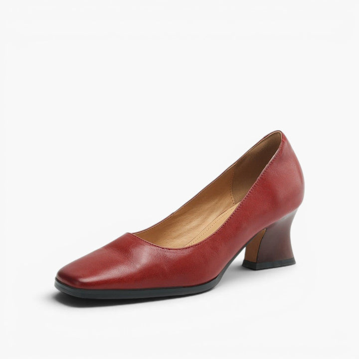 Midnight Black leather flare-heel pumps, angled studio shot