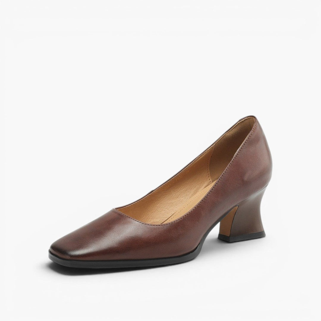 Gail square-toe flare-heel leather pumps in Espresso Brown, side profile