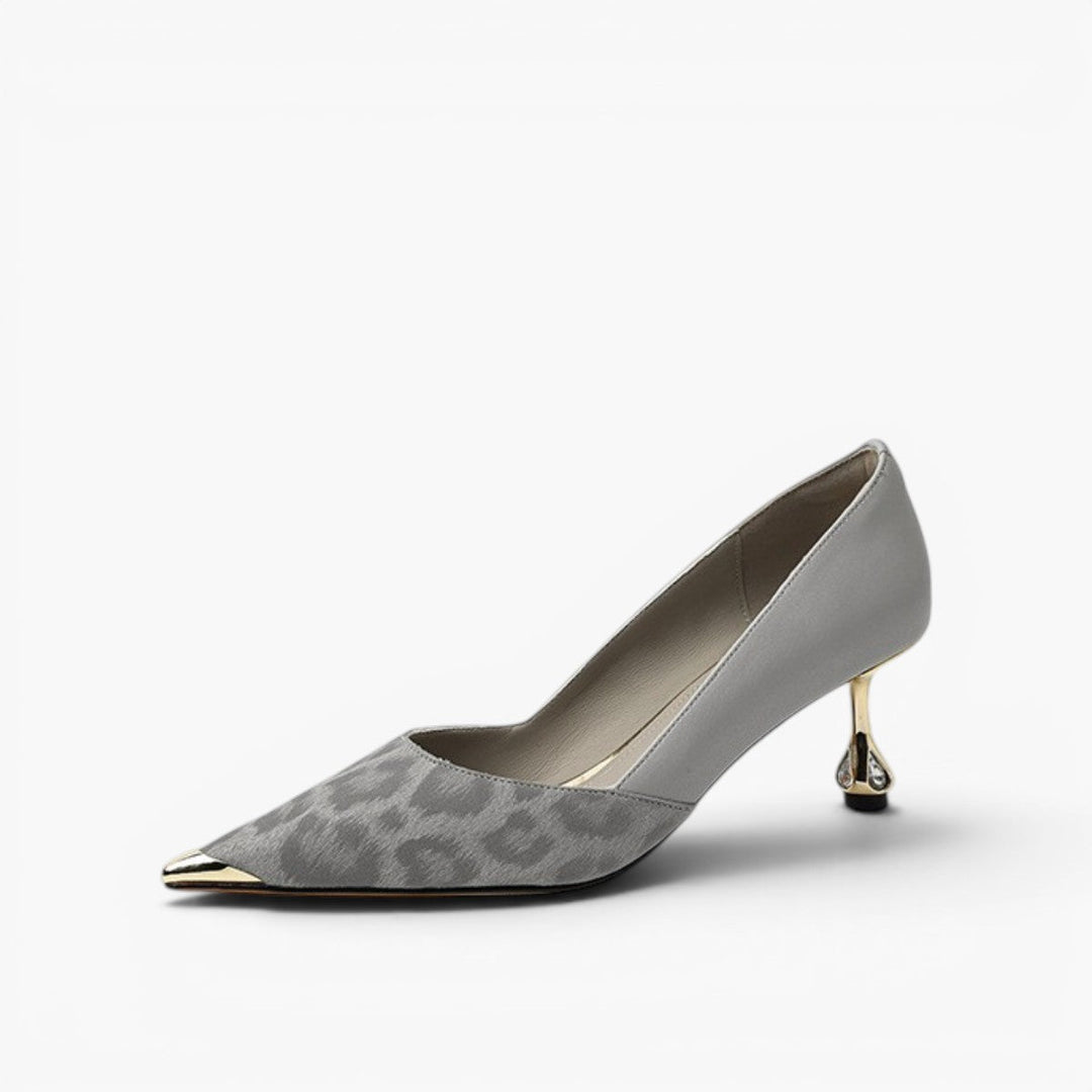 Vanessa leopard-toe leather sculpted heels in Ash Gray, side profile