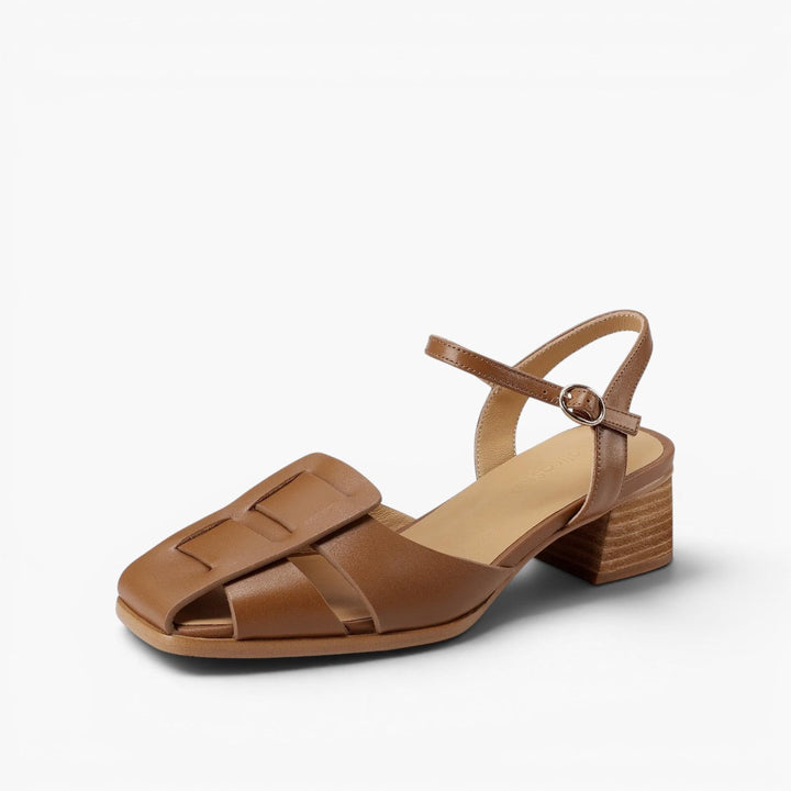 Audrey cutout leather ankle-strap heels in Caramel Tan, side profile