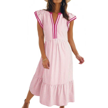Leonora™ – Ruffled Cap Sleeves Striped Midi Dress