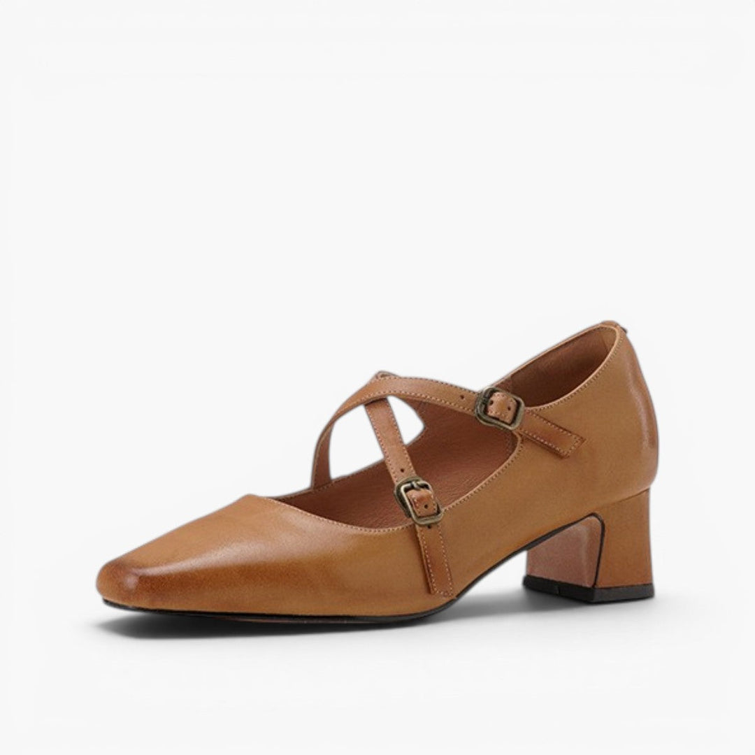 Deborah cross-strap leather Mary-Jane heels in Cognac Brown, side profile