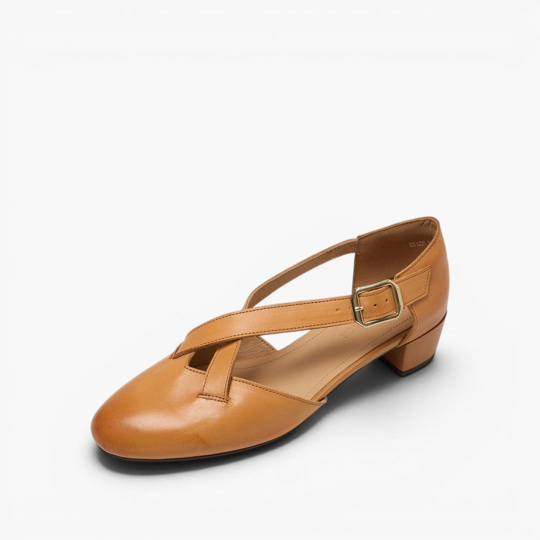 Carol cross-strap leather block heels in Camel Tan, side profile