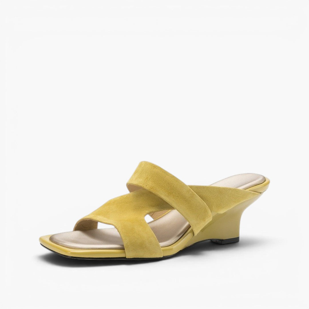 Marguerite square-toe suede wedge mules in Soft Citron, side profile
