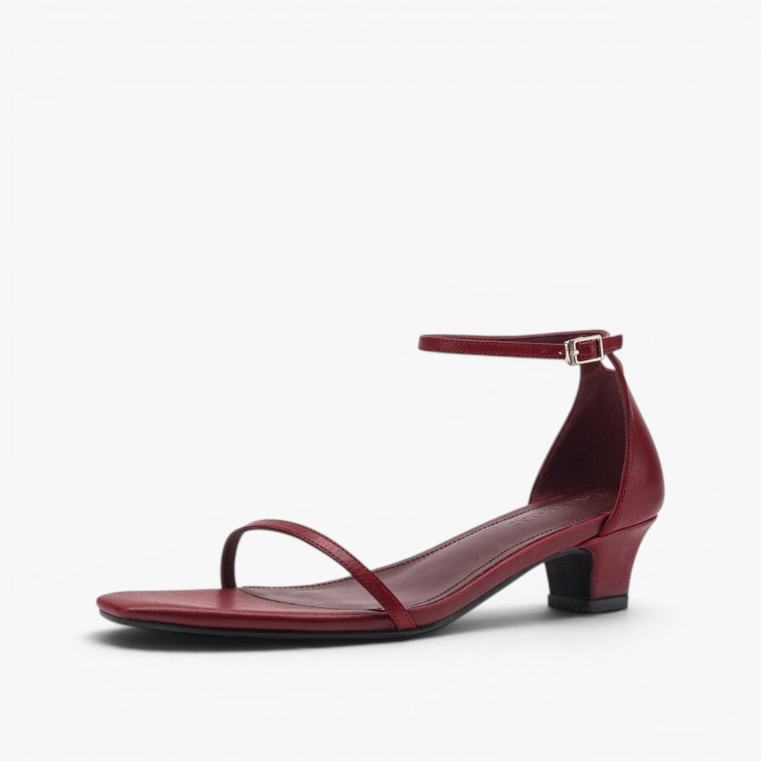 Loraine square-toe leather ankle-strap sandal heels in Bordeaux Red, side profile