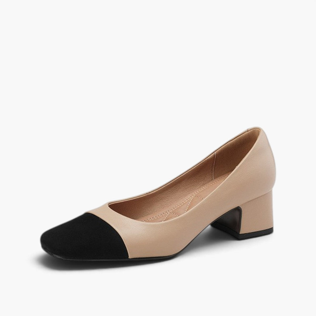 Roberta square-toe leather block pumps in Soft Almond, side profile