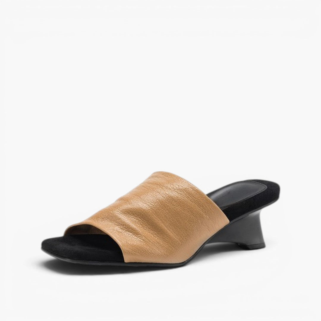 Sylvia wide-strap leather heeled sandal mules in Warm Caramel, side profile