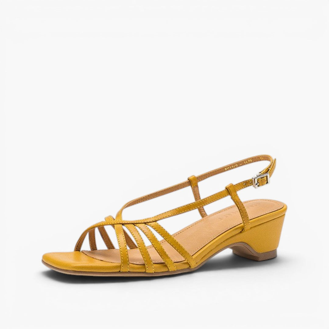 Sandra strappy square-toe leather sandal heels in Honey Ochre, side profile