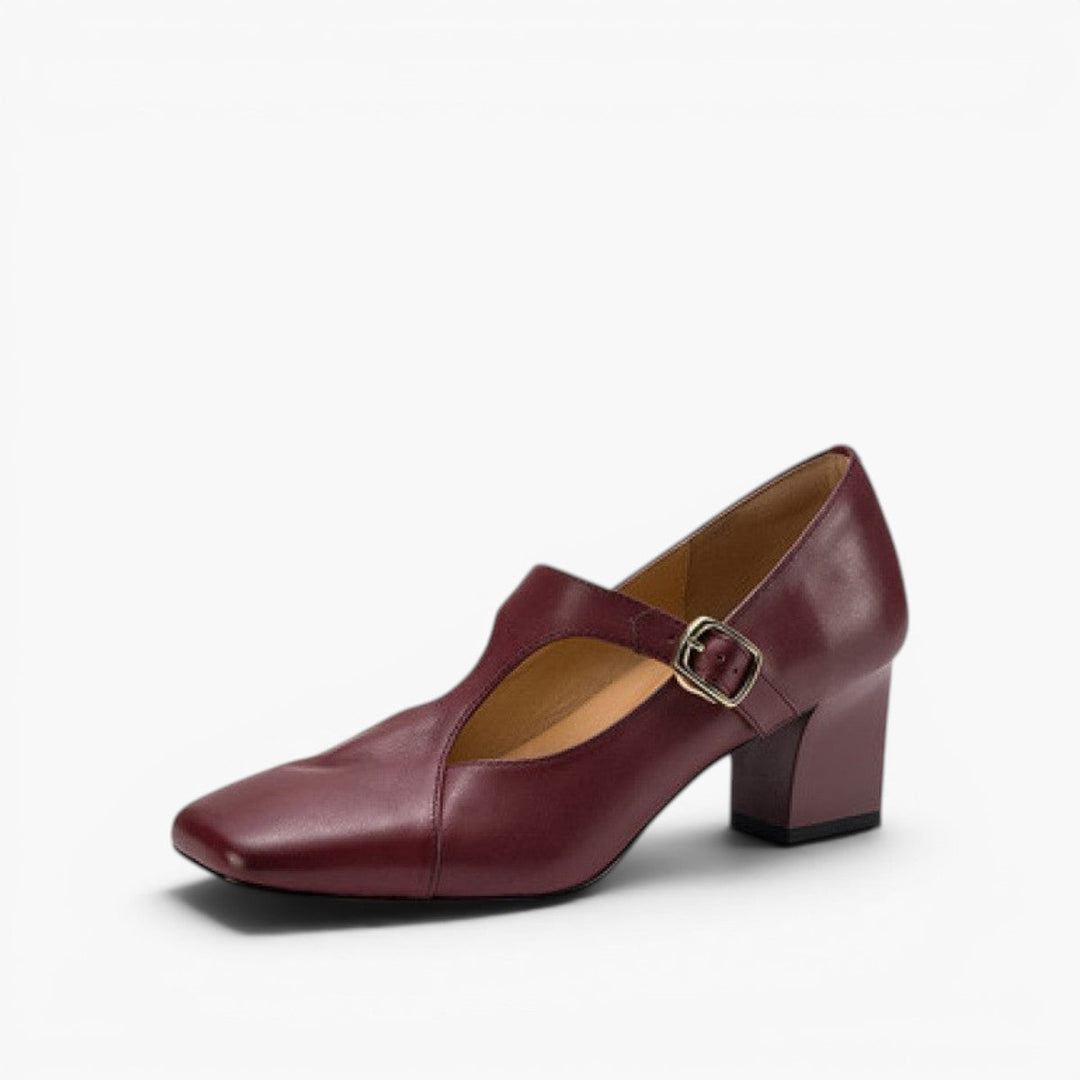 Doris square-toe leather T-bar heels in Bordeaux Wine, side profile