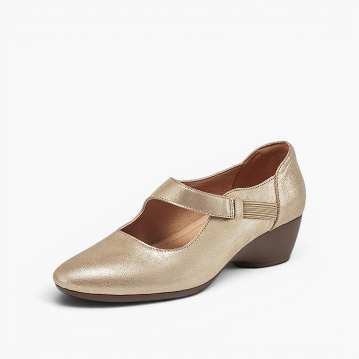 Suzanne leather Mary-Jane wedge heels in Soft Champagne, side profile