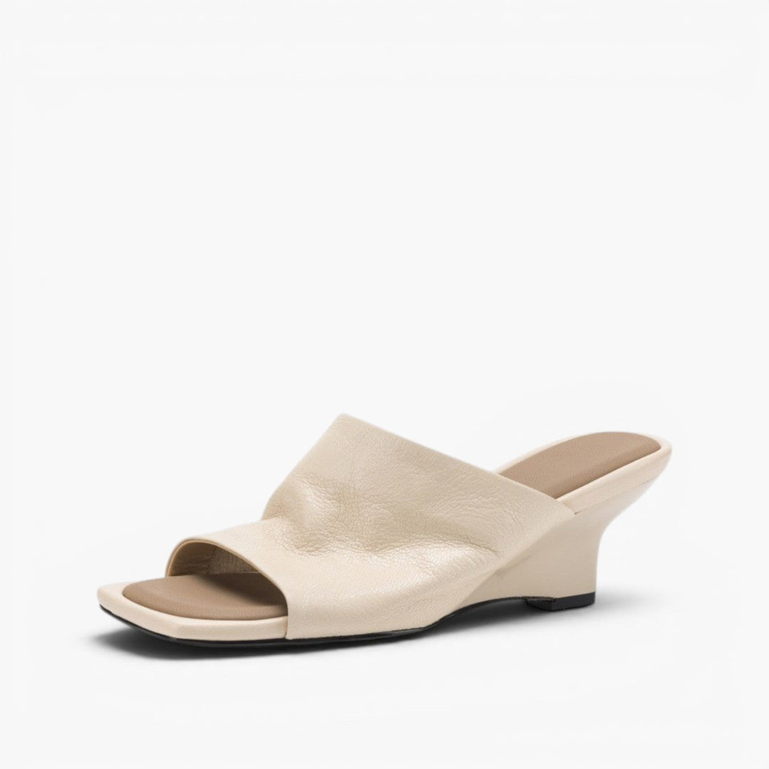 Gloria square-toe leather wedge mules in Soft Ivory, side profile