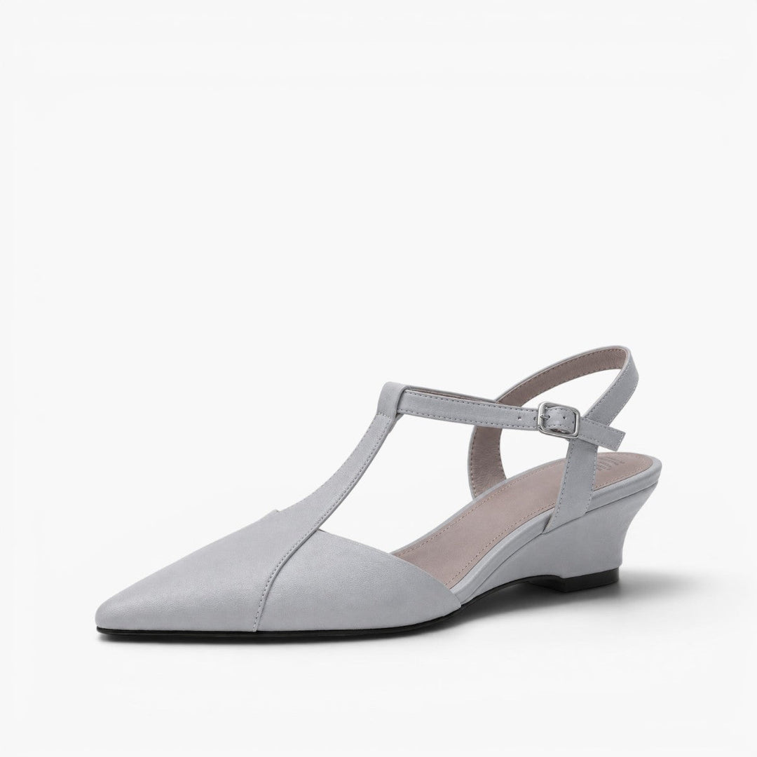 Phoebe pointed leather T-bar wedge heels in Mist Blue, side profile