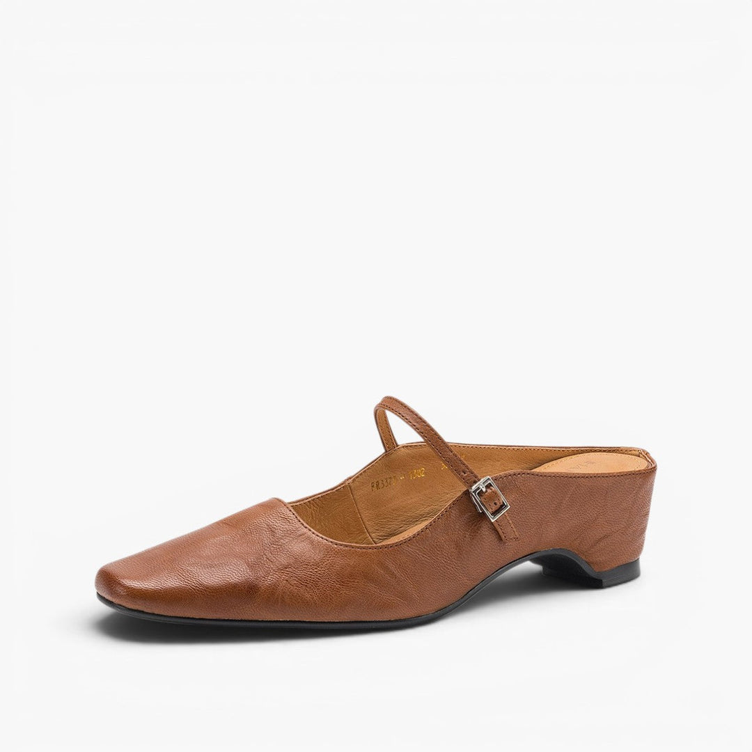 Women's square-toe leather heeled mules, side profile