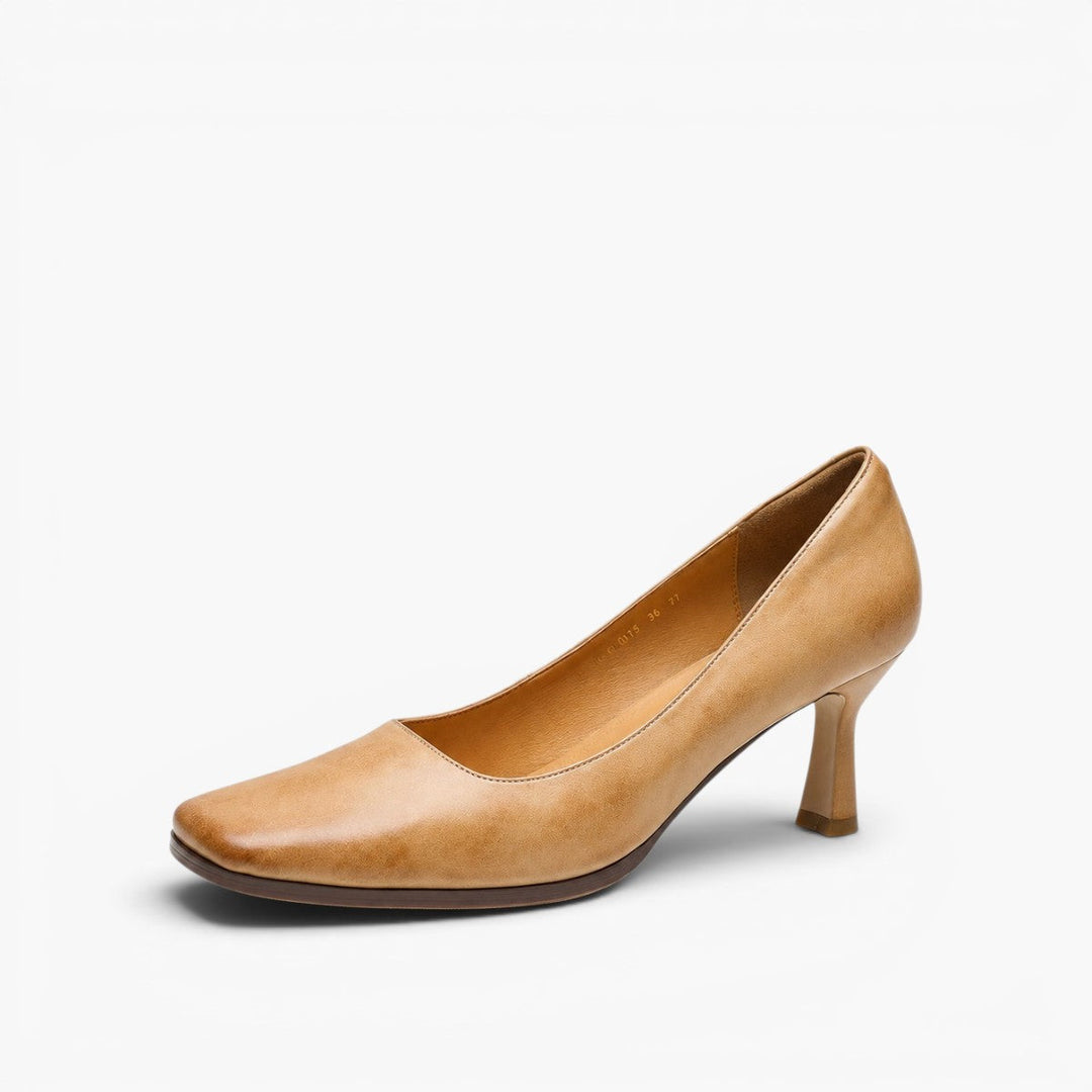 Lorena square-toe leather pumps in Sandstone Beige, side profile