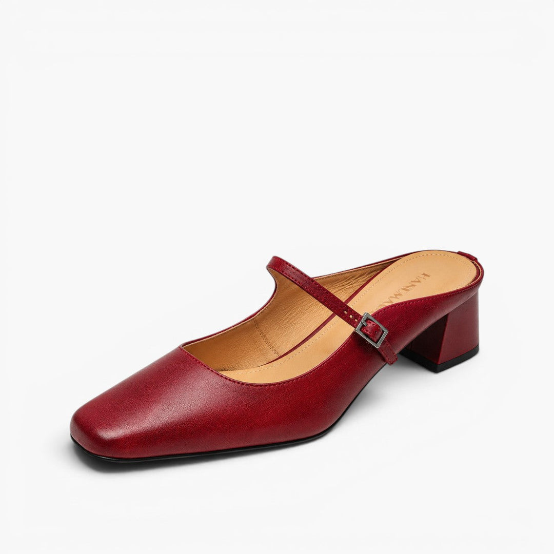 Women's square-toe leather block mules, side profile
