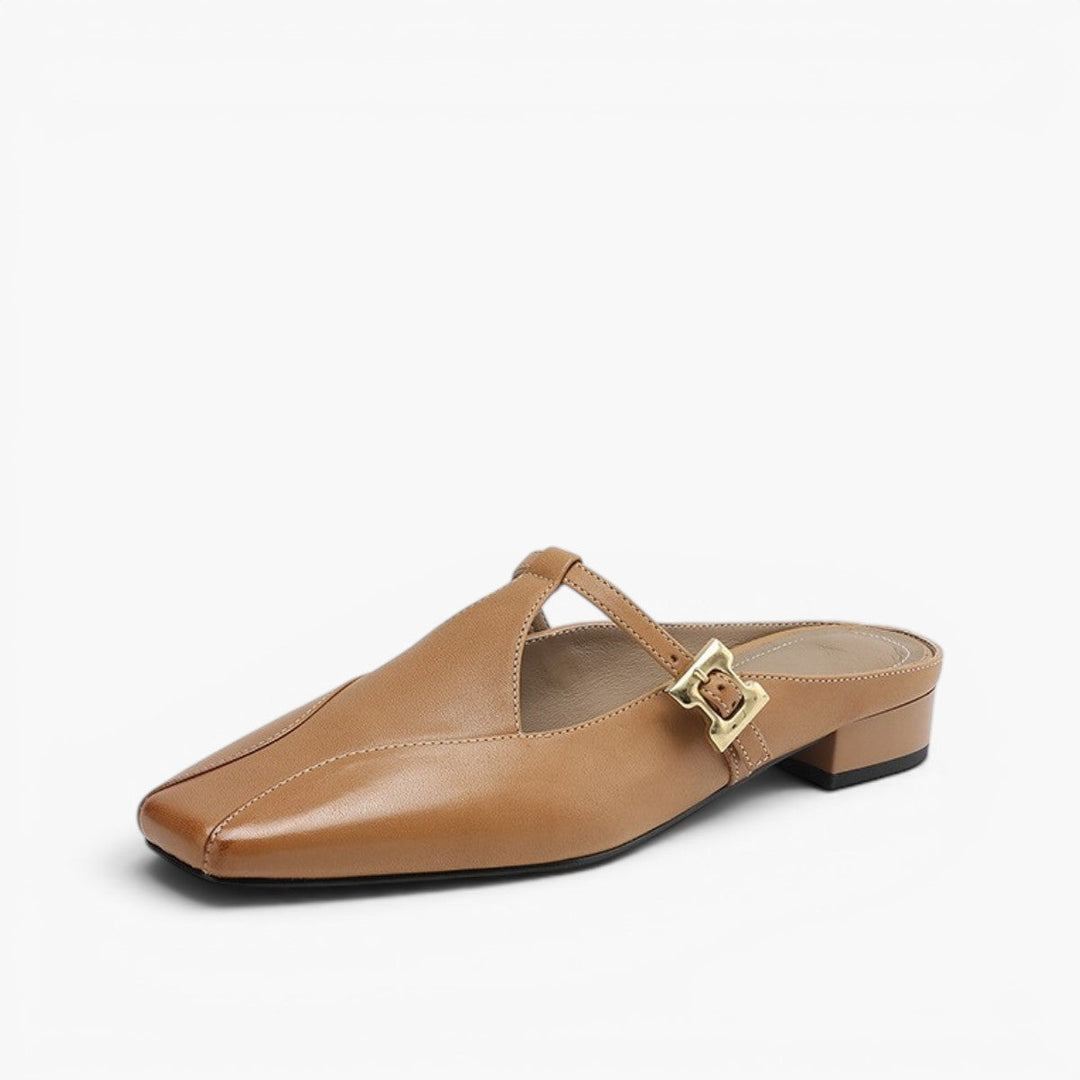 Lydia square-toe leather heeled mules in Caramel Tan, side profile