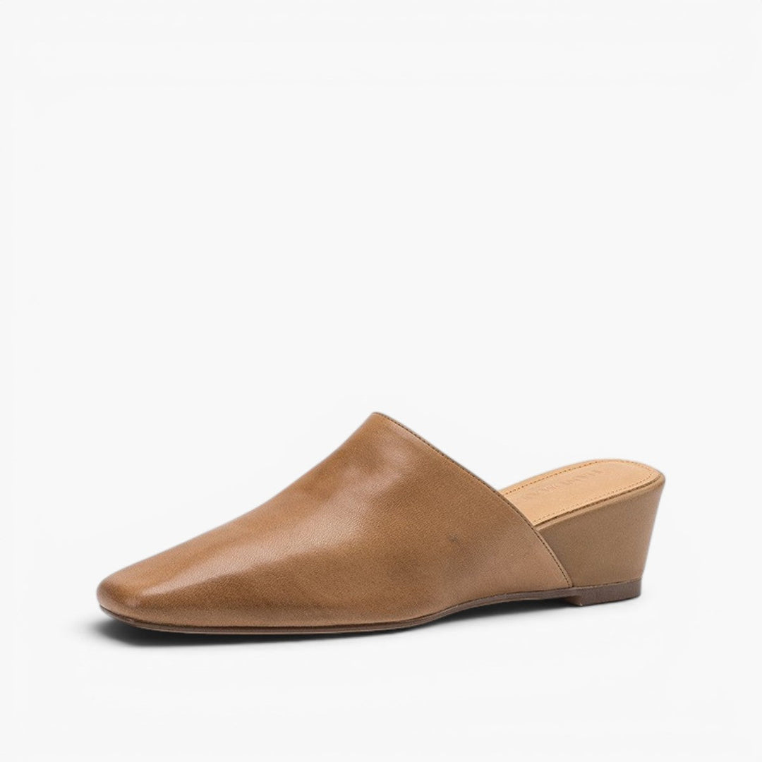 Women's square-toe leather wedge mules, side profile