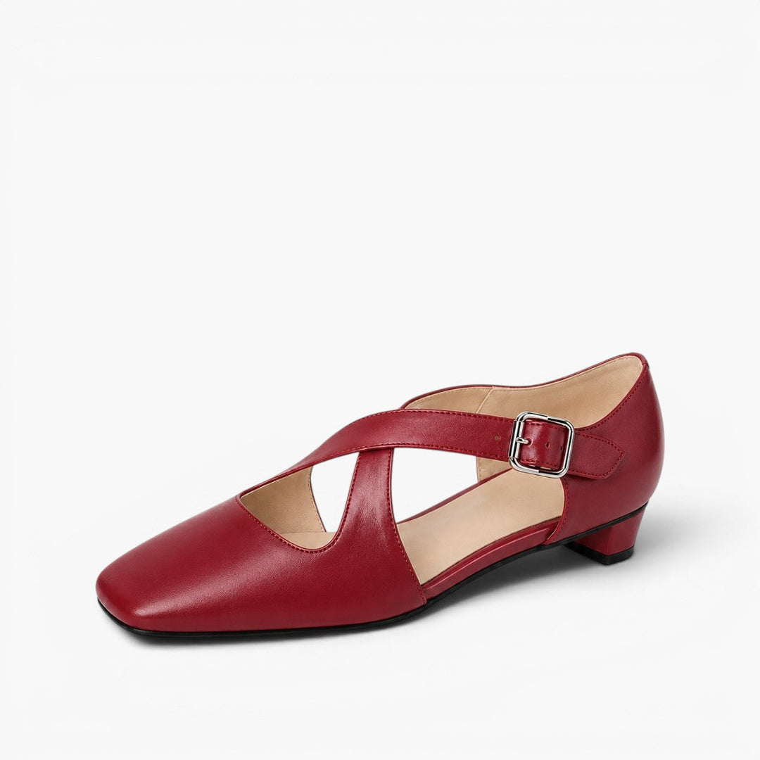 Ramona cross-strap leather d'Orsay heels in Wine Rouge, side profile