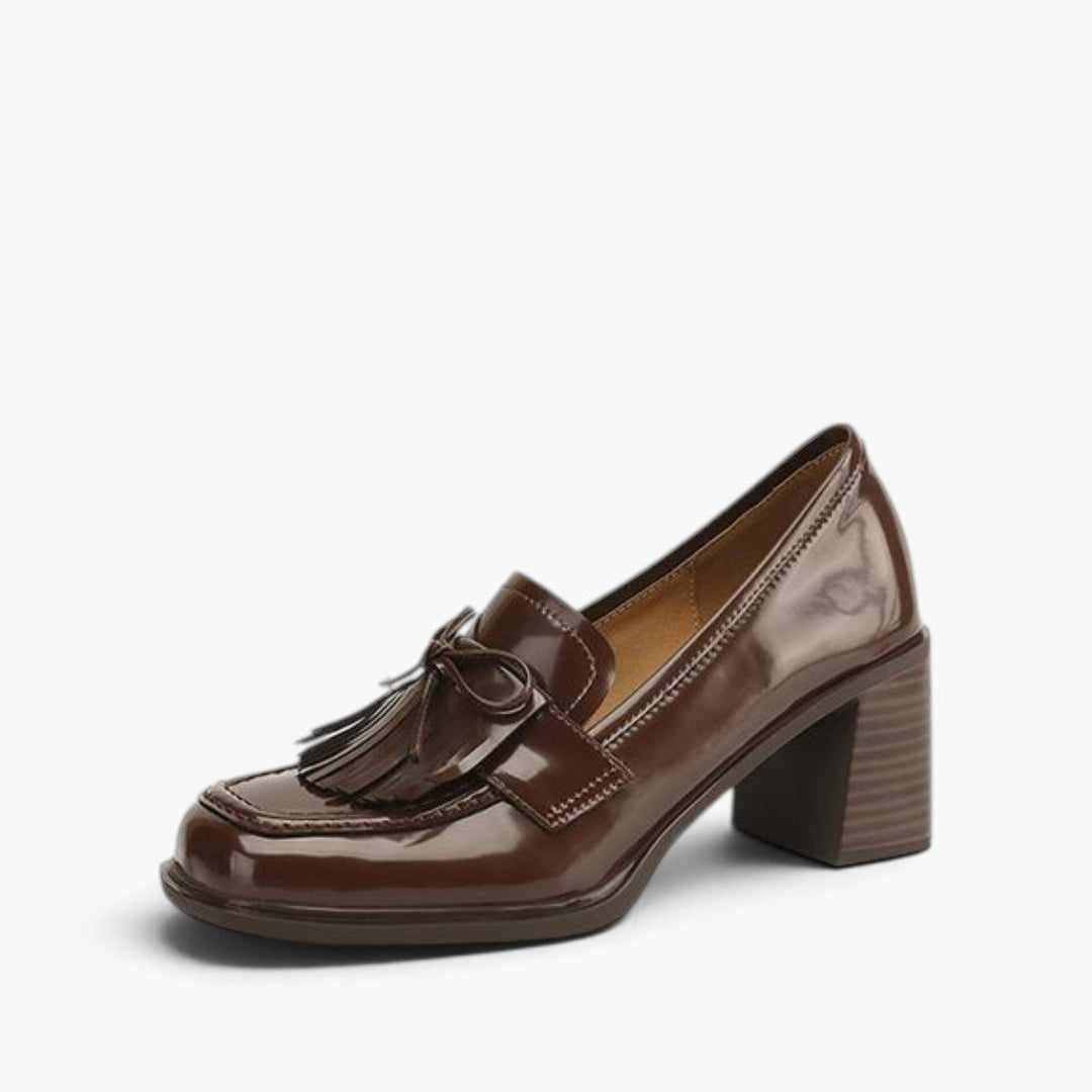 Tabitha fringe leather loafer pumps in Espresso Brown, side profile