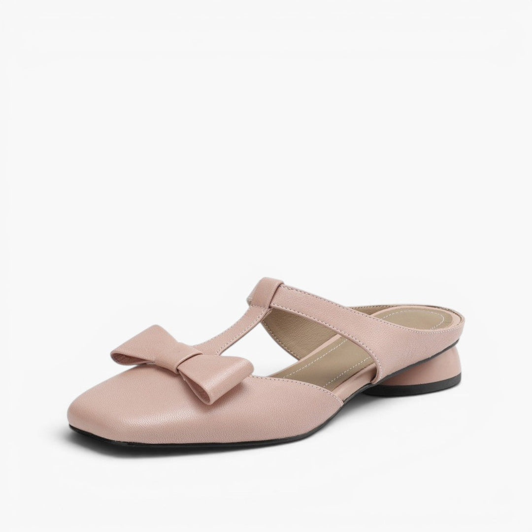 Penelope bow T-bar leather heeled mules in Rose Blush, side profile