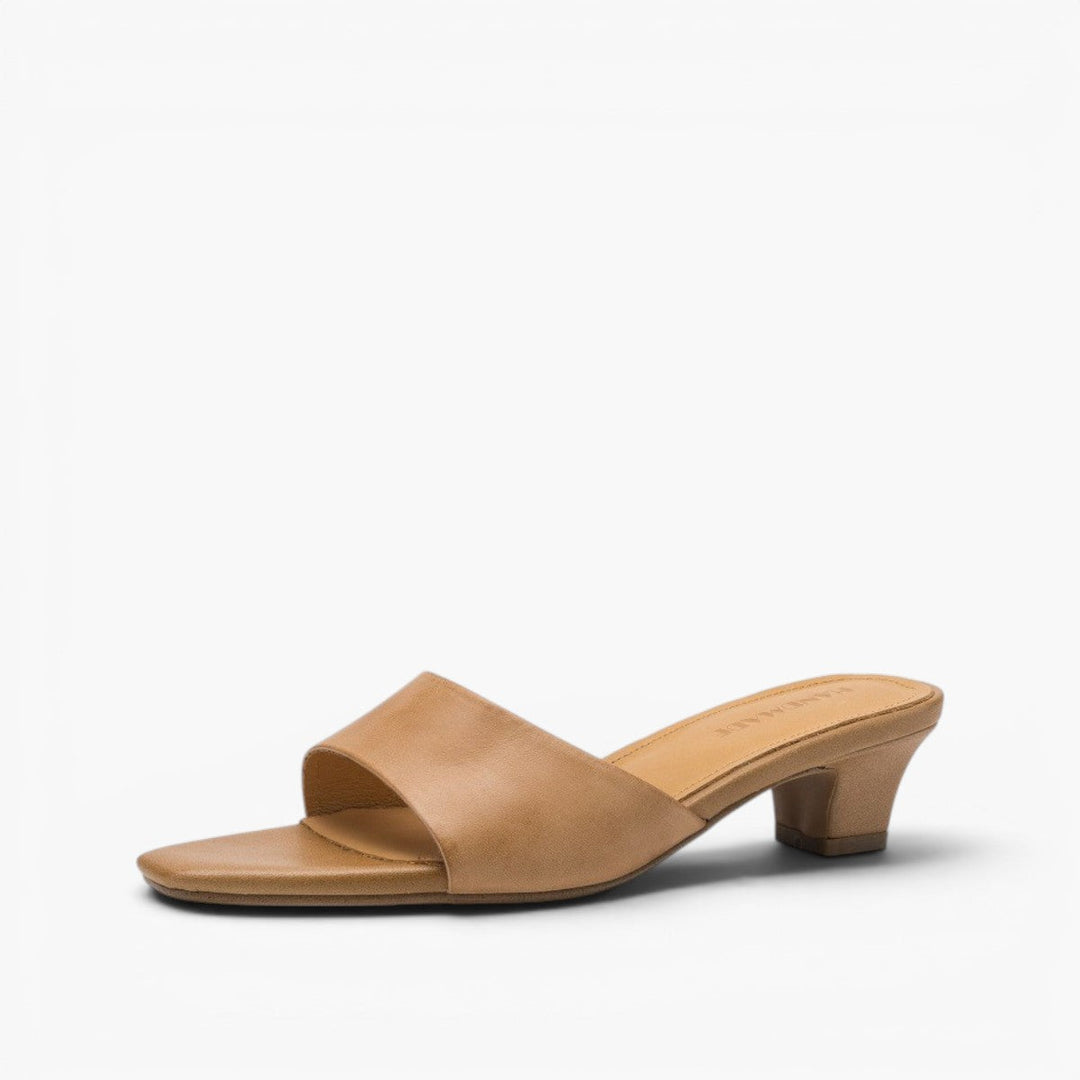 Nadine square-toe leather wedge mules in Cognac Tan, side profile