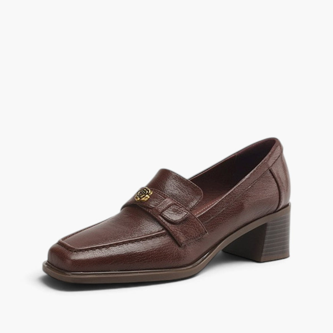 Sylvie square-toe leather loafer pumps in Cocoa Brown, side profile