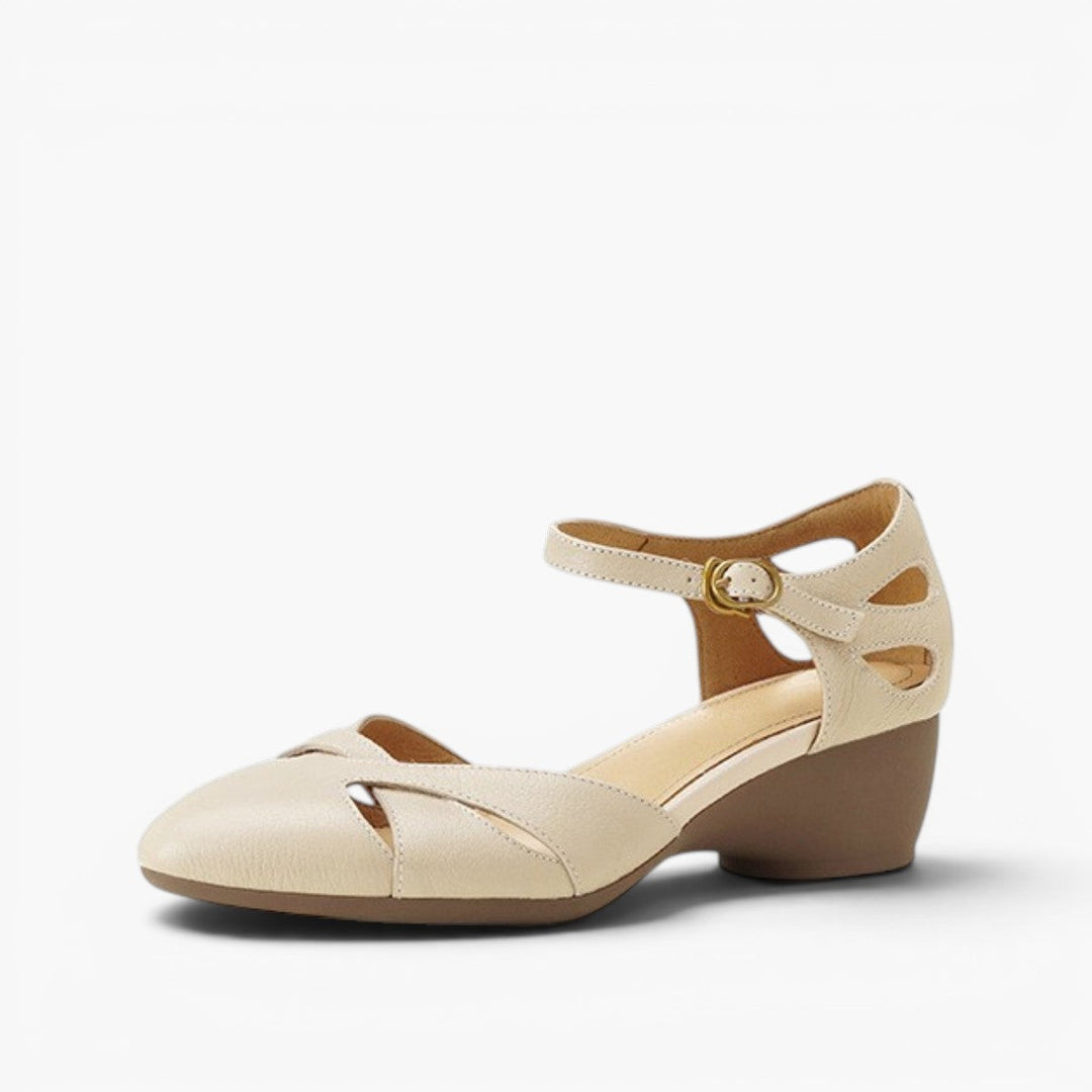 Marianne cutwork leather ankle-strap heels in Oat Ivory, side profile