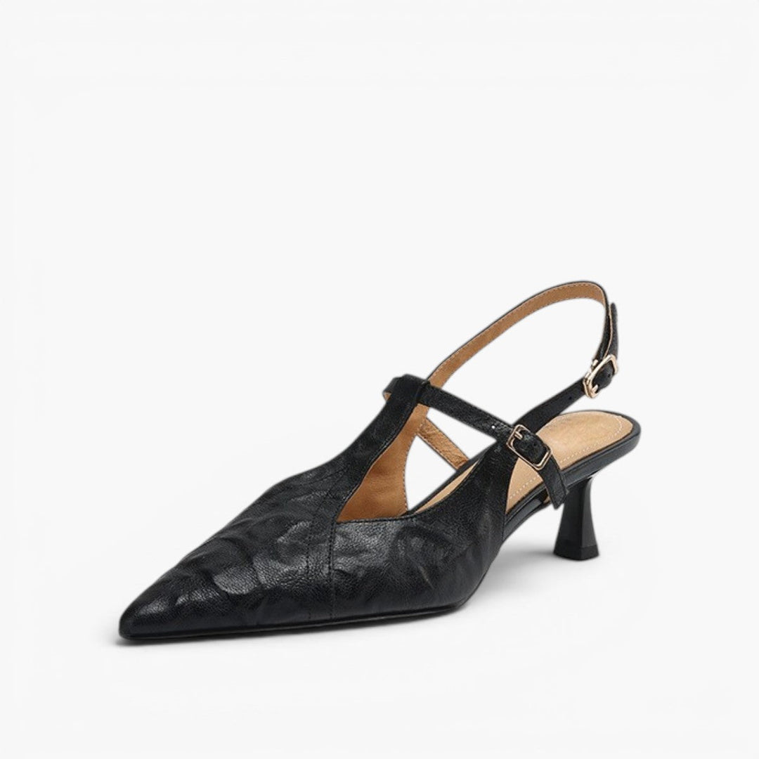 Estelle pointed leather T-bar slingback heels in Noir Black, side profile