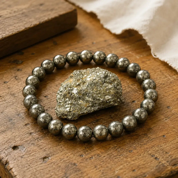 Close-up of natural gold pyrite gemstone healing beads