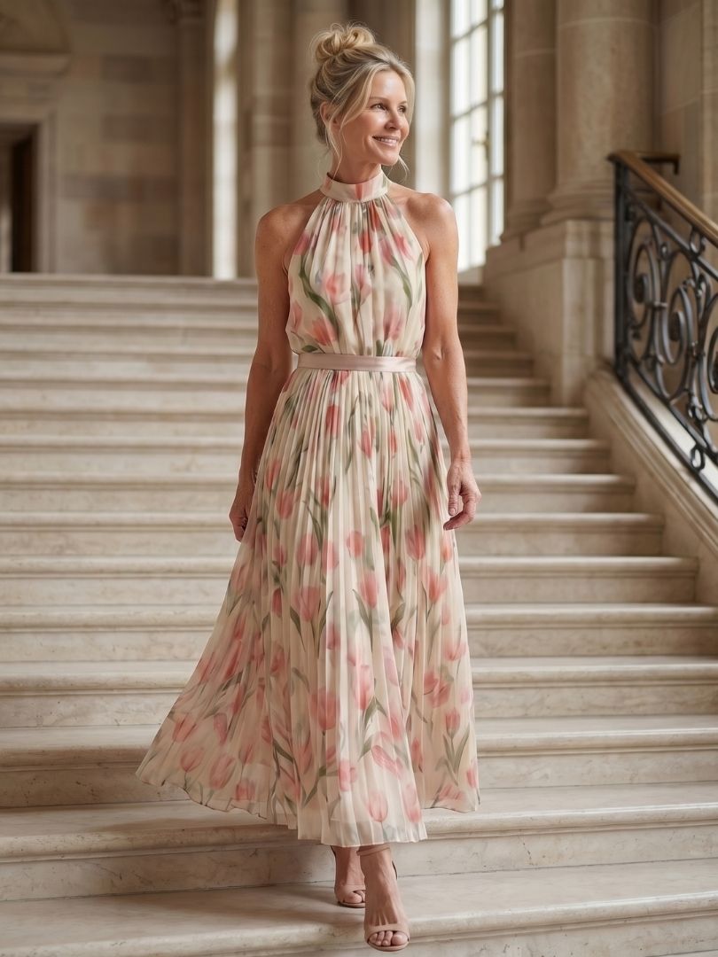 Harper™ - Floral Midi Halter Neck Dress
