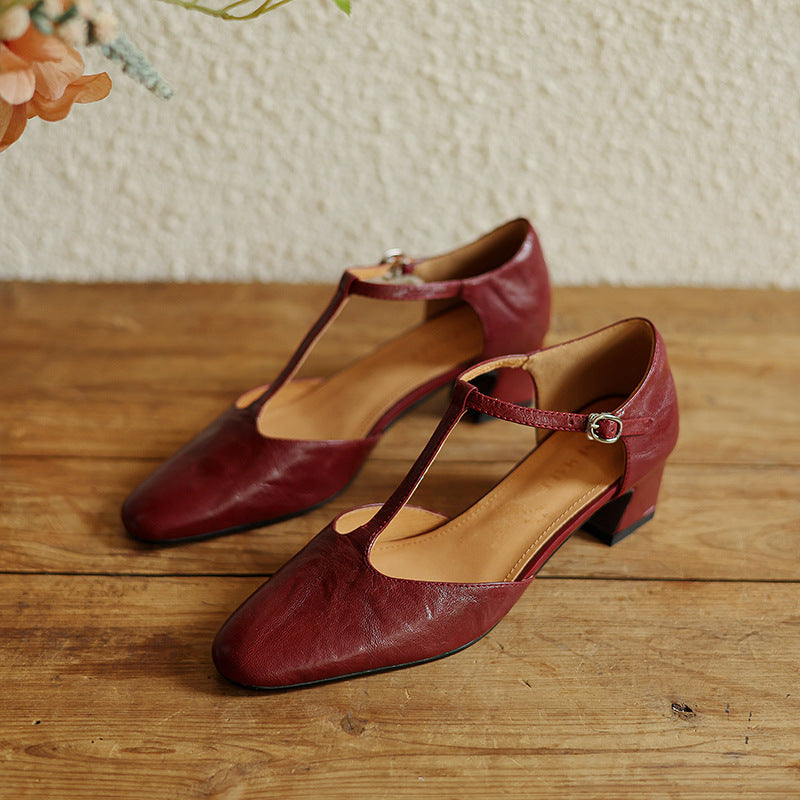 Top-down view of a leather T-strap heel