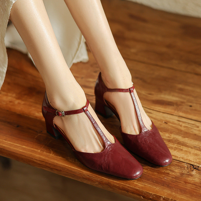 Winifred leather T-strap heel, three-quarter view
