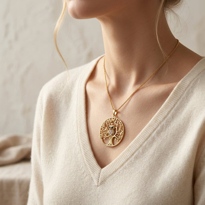 Owl and Tree of Life Gold Necklace