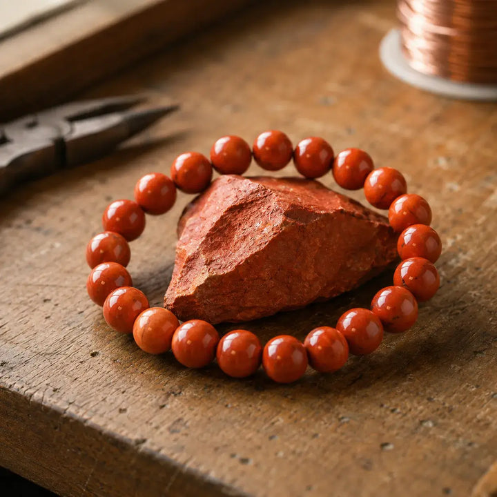 Red jasper bracelet on wrist for grounding and vitality