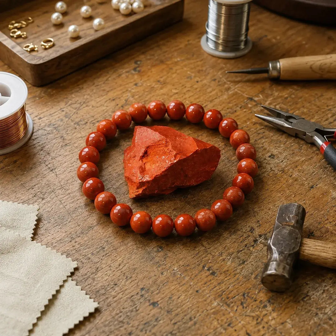 Close-up of natural red jasper gemstone healing beads