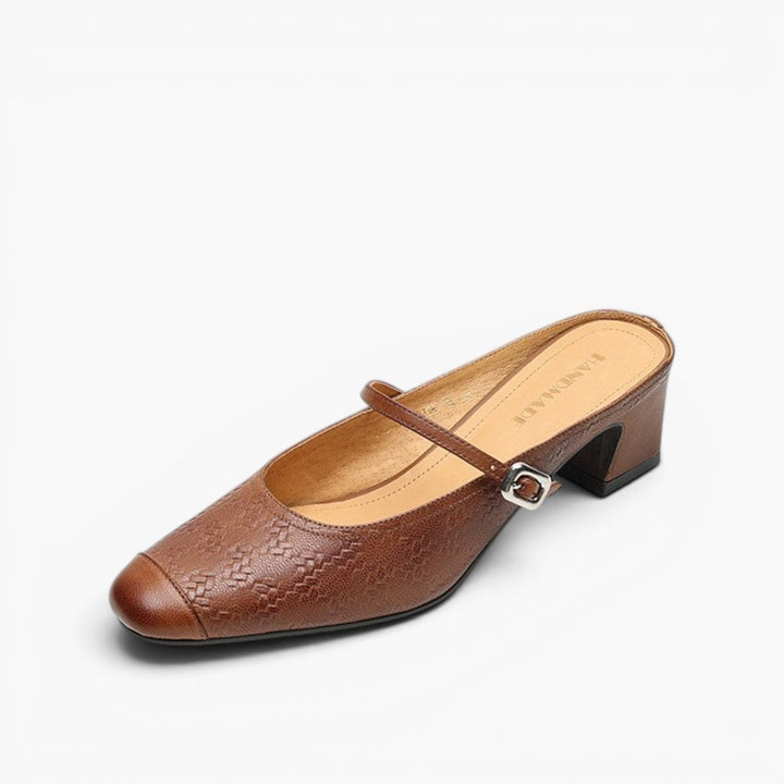 Cecilia strap leather heeled mules in Chestnut Brown, side profile
